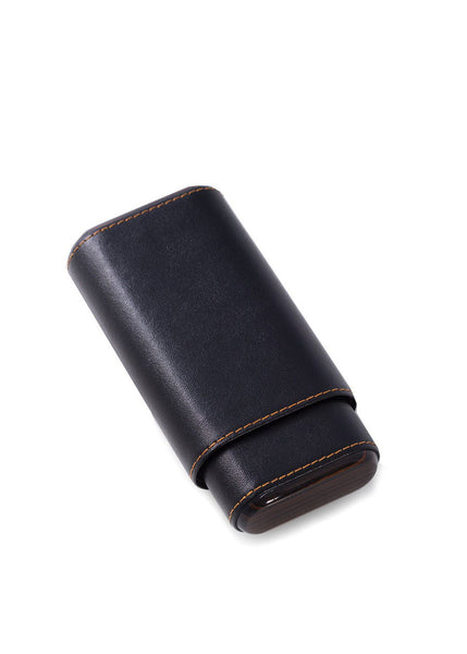 Black Leather & Ebony Wood Cigar Holder Three Cigar