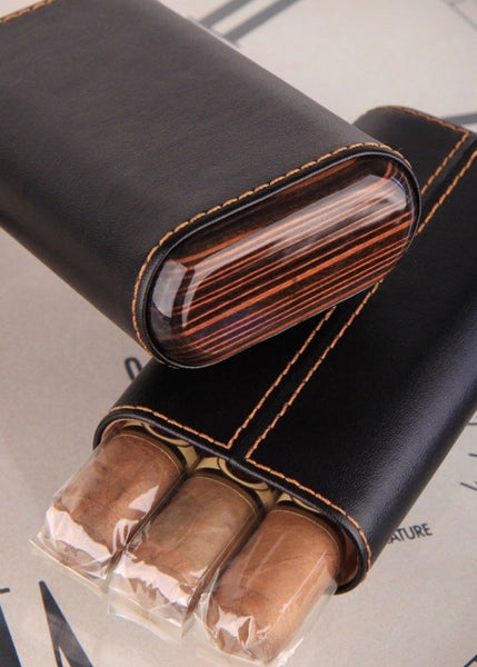 Black Leather & Ebony Wood Cigar Holder Three Cigar